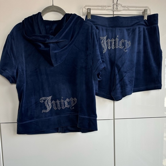 Juicy Couture Velour Set Womens XL Short Sleeve Hoodie Shorts Bling Blue NWT Y2K - Picture 1 of 12